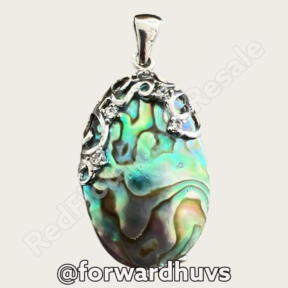 Abalone Pendant with Rhinestones in Silver Tone Setting - Picture 3 of 10